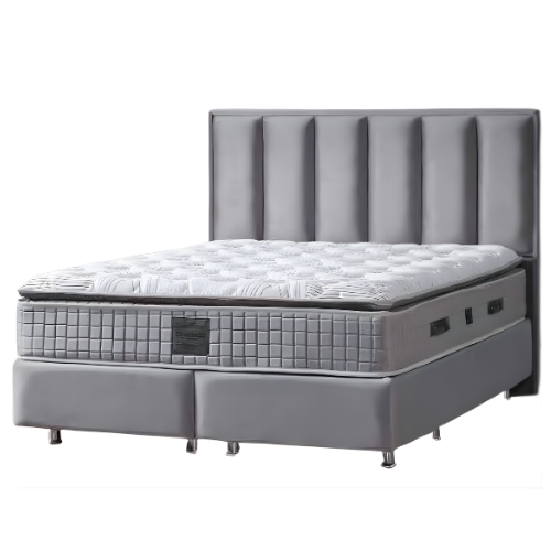 Pat boxspring din catifea IMPACT MOB cu spațiu de depozitare și saltea, elegant și confortabil, cu logoul House of Ran.