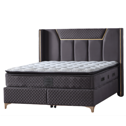Impact Mob Pat Boxspring Bazano din catifea with integrated storage and mattress, featuring a stylish vertical leaf logo.