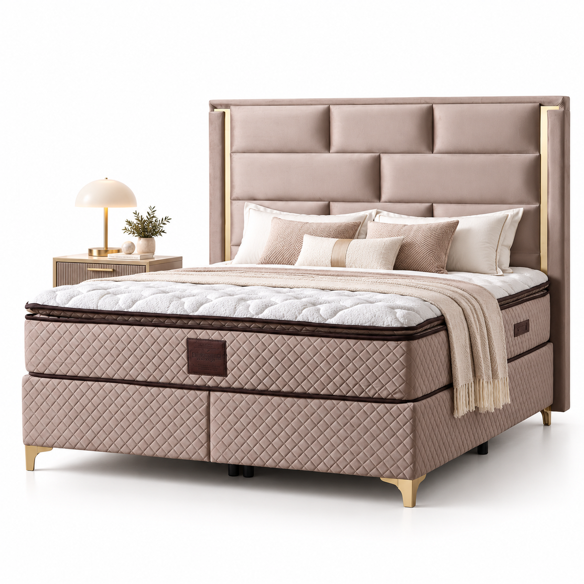 Pat boxspring Bianca din catifea cu saltea inclusă, eleganță și confort, de la IMPACT MOB, în nuanțe moderne.