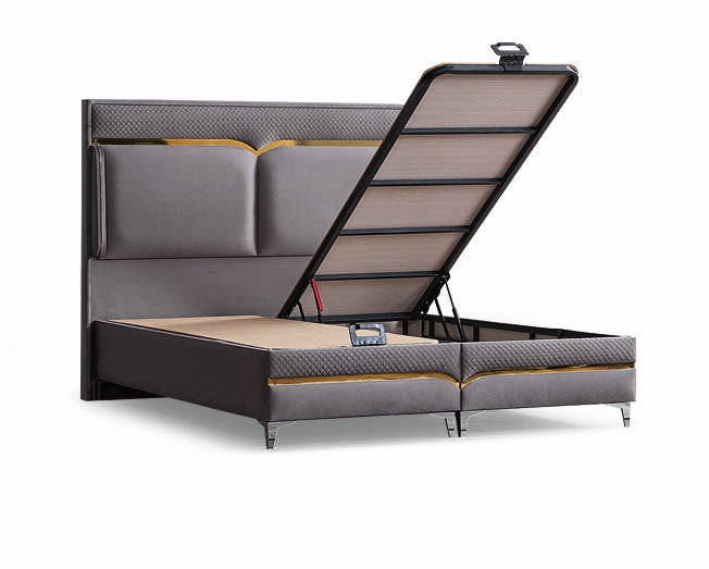 Pat tapițat cu saltea inclusă, ladă depozitare, somieră rabatabilă, catifea – Model Boxspring Mars