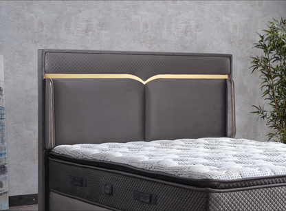 Pat tapițat cu saltea inclusă, ladă depozitare, somieră rabatabilă, catifea – Model Boxspring Mars