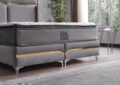 Pat tapițat cu saltea inclusă, ladă depozitare, somieră rabatabilă, catifea – Model Boxspring Mars