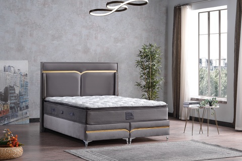 Pat Tapițat Boxspring R7R Saltea inclusa Lada depozitare Structura metalica