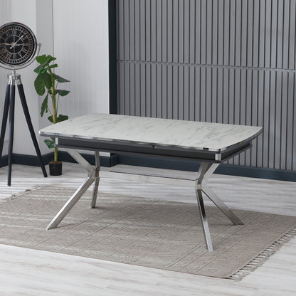 Masă de living, pătrată, extensibilă, blat alb cu argintiu, Venus Deluxe