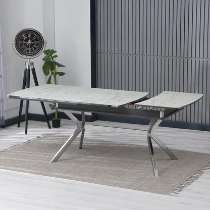 Masă de living, pătrată, extensibilă, blat alb cu argintiu, Venus Deluxe