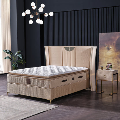 Pat tapitat Boxspring Nivrana 160x200 cu saltea inclusă, oferind confort optim pentru un somn odihnitor.
