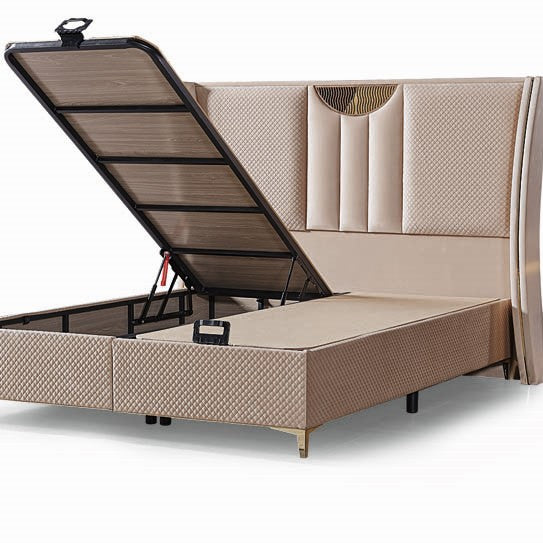 Pat tapițat cu saltea inclusă, ladă depozitare, somieră rabatabilă, catifea – Model Boxspring Nirvana