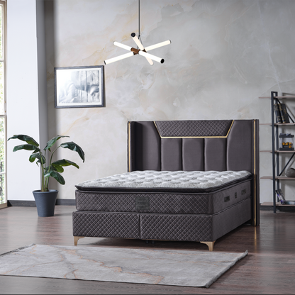 Pat tapitat Bazano 160x200 cu saltea inclusă, design modern și elegant, perfect pentru dormitor