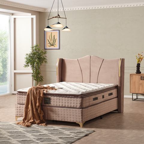 Pat tapitat Madrid 160x200 cu saltea de 30 cm inclusă, oferind confort optim pentru un somn odihnitor.
