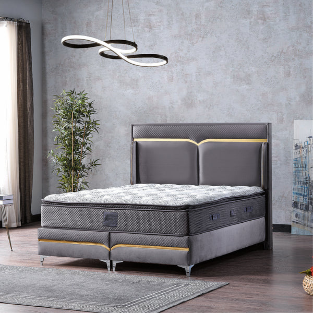 Pat tapițat cu saltea inclusă, ladă depozitare, somieră rabatabilă, catifea – Model Boxspring Mars