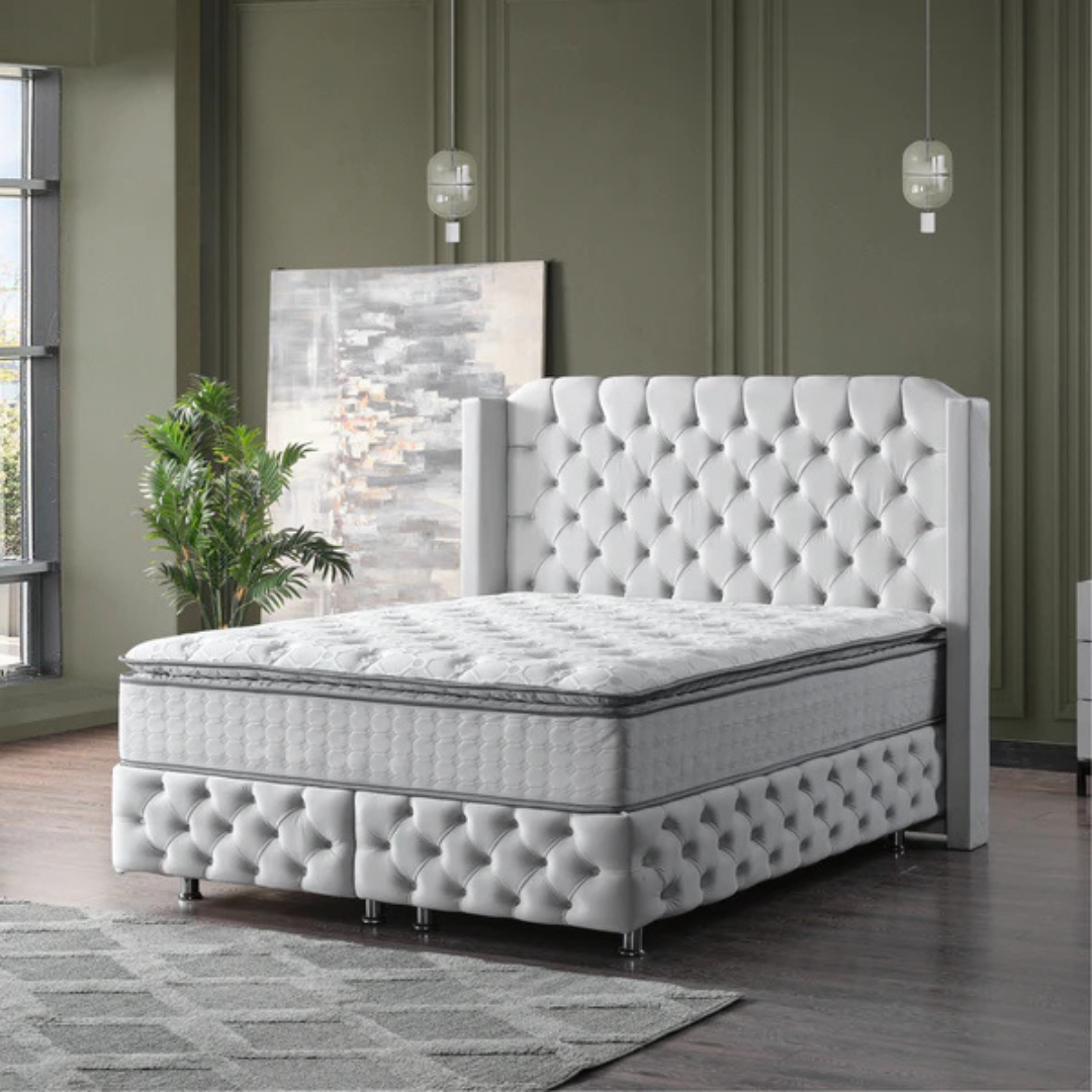 Pat tapițat cu saltea inclusă, ladă depozitare, somieră rabatabilă, catifea – Model Boxspring Premium