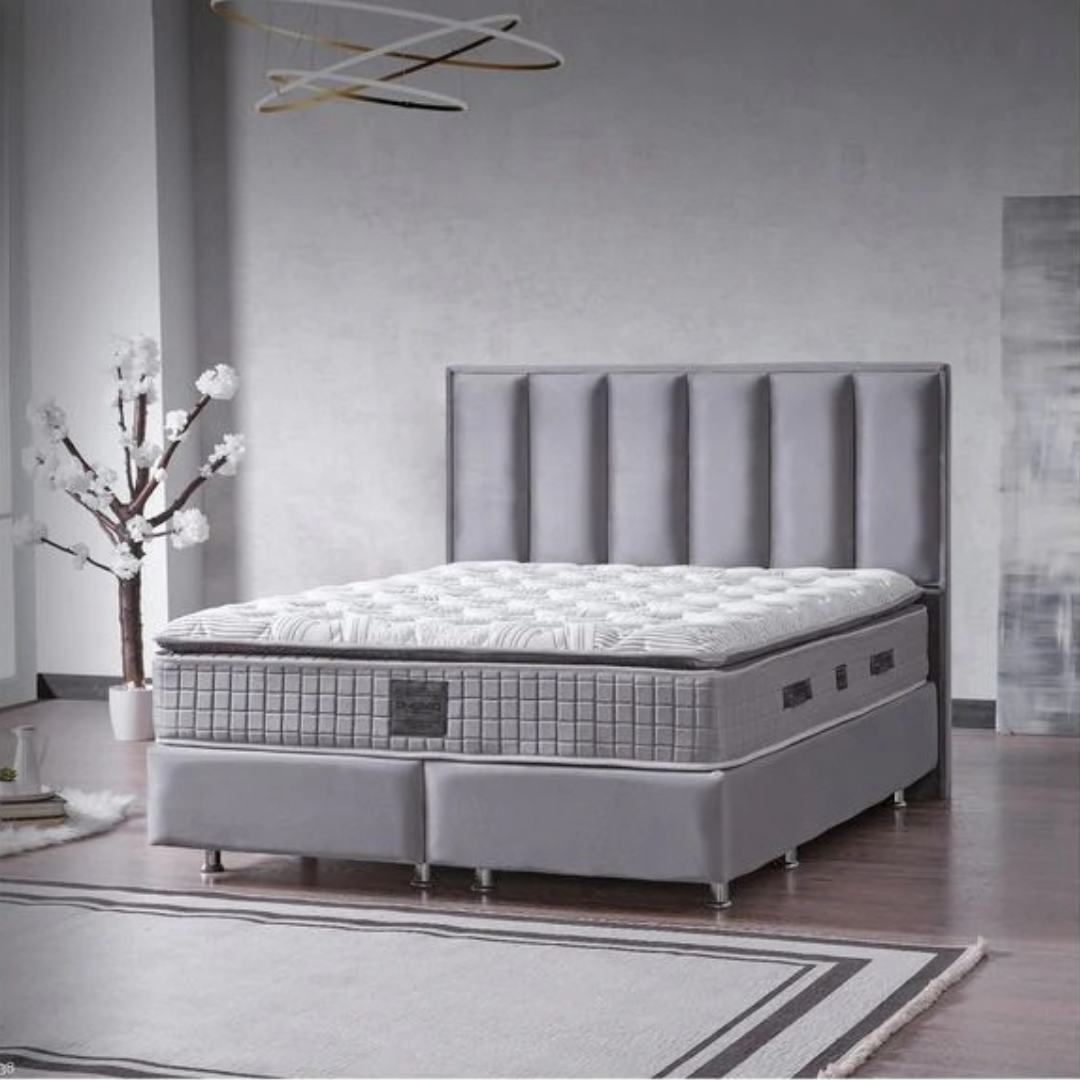 Pat tapițat cu saltea inclusă, ladă depozitare, somieră rabatabilă, catifea – Model Boxspring Plus