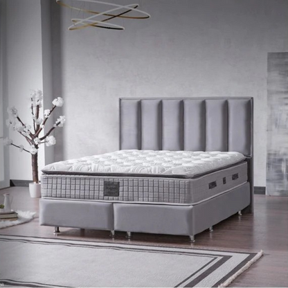 Pat tapițat cu saltea inclusă, ladă depozitare, somieră rabatabilă, catifea – Model Boxspring Plus