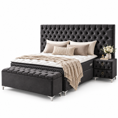 Pat boxspring Valura din catifea IMPACT MOB, cu saltea și spațiu de depozitare, în tonuri elegante și moderne.