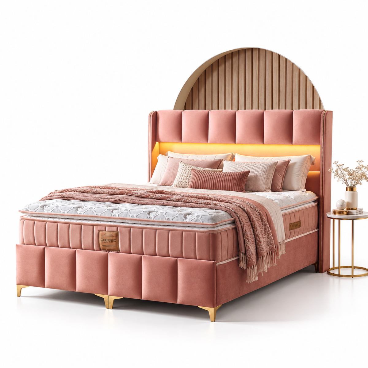Pat Boxspring Floresa din Catifea, cu Saltea și Depozitare