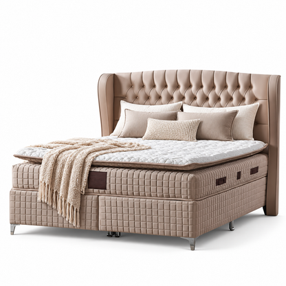 Pat boxspring Olivia de la IMPACT MOB cu saltea inclusă și spațiu de depozitare, acoperit cu o tapițerie textilă elegantă