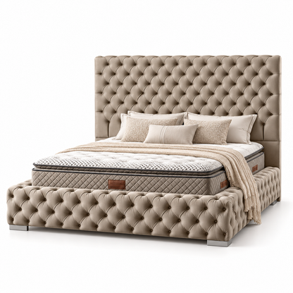 Pat boxspring Castello din catifea cu saltea și spațiu de depozitare, IMPACT MOB, design elegant și confortabil în dormitor