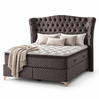 Pat boxspring Confort din catifea IMPACT MOB cu saltea și spațiu de depozitare, acoperit cu material moale și elegant.