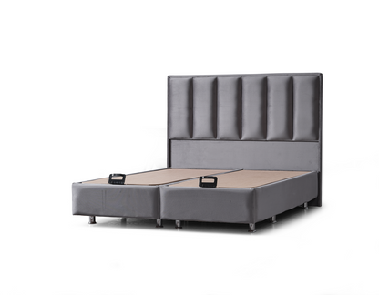 Pat tapițat cu saltea inclusă, ladă depozitare, somieră rabatabilă, catifea – Model Boxspring Plus