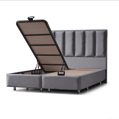 Pat tapițat cu saltea inclusă, ladă depozitare, somieră rabatabilă, catifea – Model Boxspring Plus