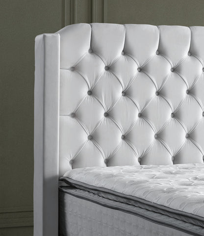 Pat tapițat cu saltea inclusă, ladă depozitare, somieră rabatabilă, catifea – Model Boxspring Premium