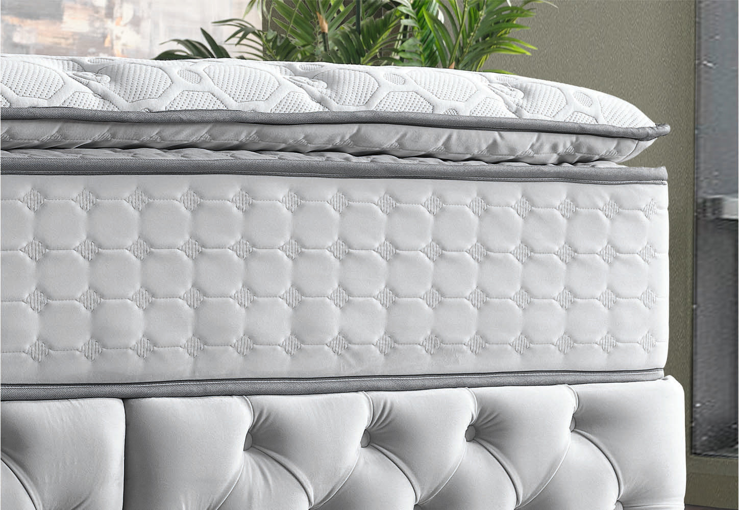 Pat tapițat cu saltea inclusă, ladă depozitare, somieră rabatabilă, catifea – Model Boxspring Premium