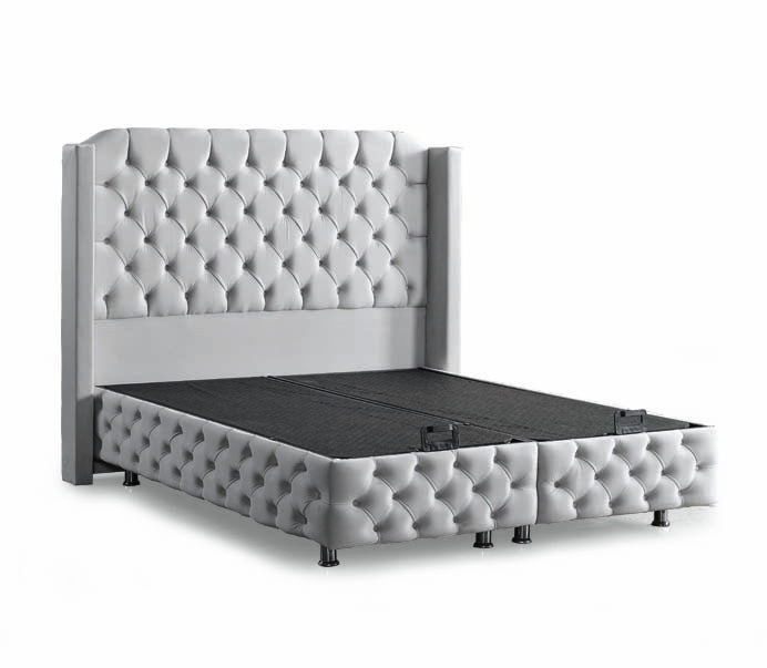 Pat tapițat cu saltea inclusă, ladă depozitare, somieră rabatabilă, catifea – Model Boxspring Premium