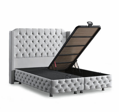 Pat tapițat cu saltea inclusă, ladă depozitare, somieră rabatabilă, catifea – Model Boxspring Premium