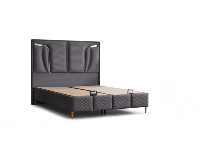 Pat tapițat cu saltea inclusă, ladă depozitare, somieră rabatabilă, catifea – Model Boxspring R&R
