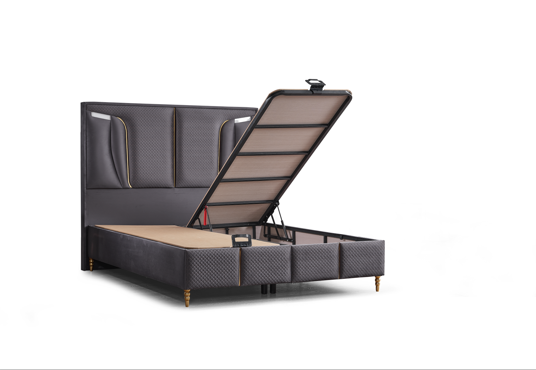 Pat tapițat cu saltea inclusă, ladă depozitare, somieră rabatabilă, catifea – Model Boxspring R&R