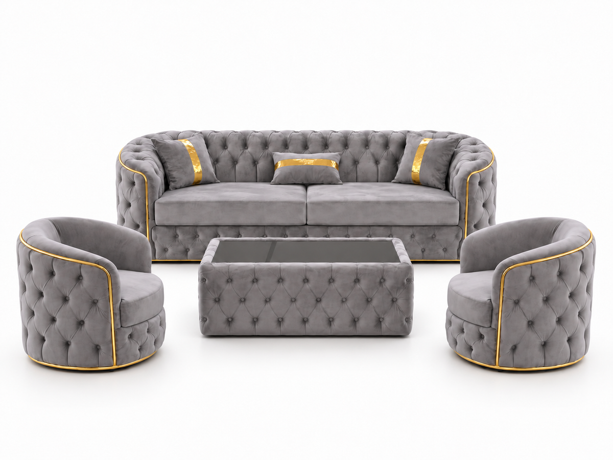 Set canapea extensibilă Lugano cu două fotolii și masă de cafea, mobilier modern de la IMPACT MOB, în tonuri aurii.