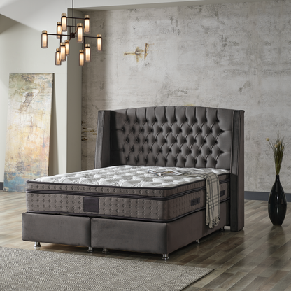 Pat tapițat cu saltea inclusă, ladă depozitare, somieră rabatabilă, catifea – Model Boxspring Tesla