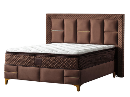 Pat tapițat cu saltea inclusă, ladă depozitare, somieră rabatabilă, catifea – Model Boxspring Western