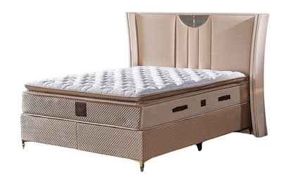 Pat tapițat cu saltea inclusă, ladă depozitare, somieră rabatabilă, catifea – Model Boxspring Nirvana
