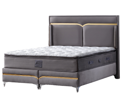 Pat tapițat cu saltea inclusă, ladă depozitare, somieră rabatabilă, catifea – Model Boxspring Mars