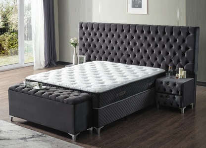Pat tapițat cu saltea inclusă, ladă depozitare, somieră rabatabilă, catifea – Model Boxspring Valura