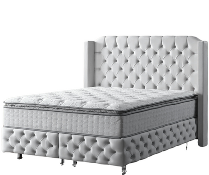 Pat tapițat cu saltea inclusă, ladă depozitare, somieră rabatabilă, catifea – Model Boxspring Premium