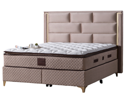 Pat tapițat cu saltea inclusă, ladă depozitare, somieră rabatabilă, catifea – Model Boxspring Bianca