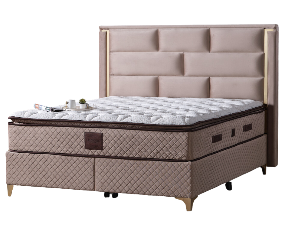 Pat tapițat cu saltea inclusă, ladă depozitare, somieră rabatabilă, catifea – Model Boxspring Bianca