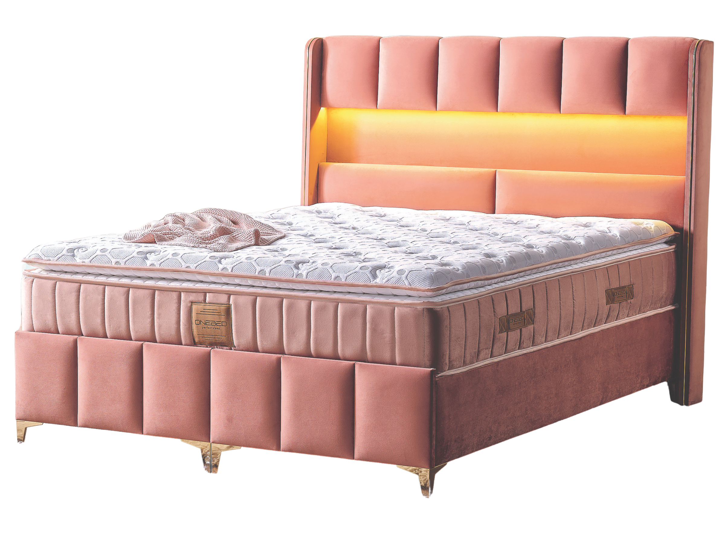 Pat tapițat cu saltea inclusă, ladă depozitare, somieră rabatabilă, catifea – Model Boxspring Floresa