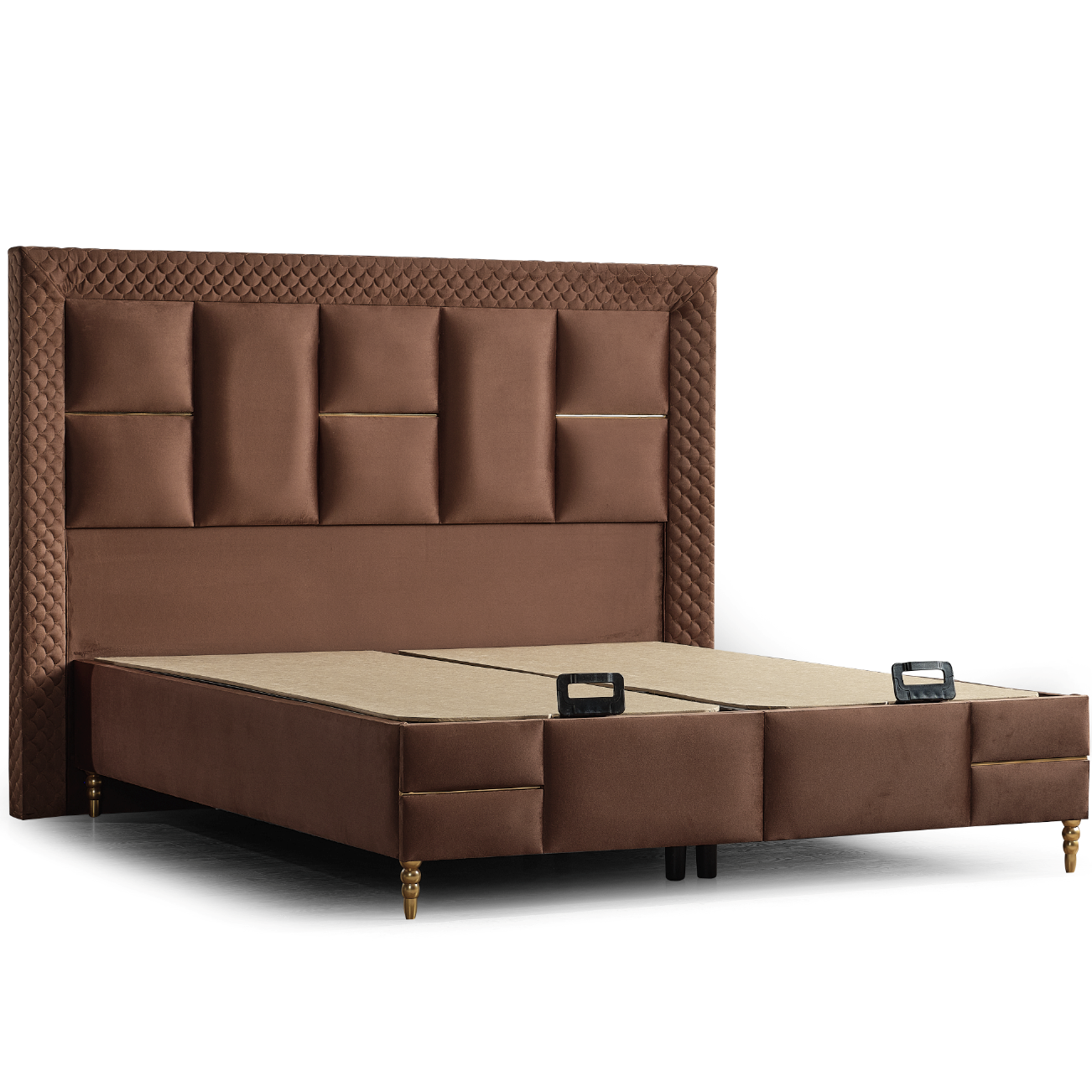 Pat tapițat cu saltea inclusă, ladă depozitare, somieră rabatabilă, catifea – Model Boxspring Western
