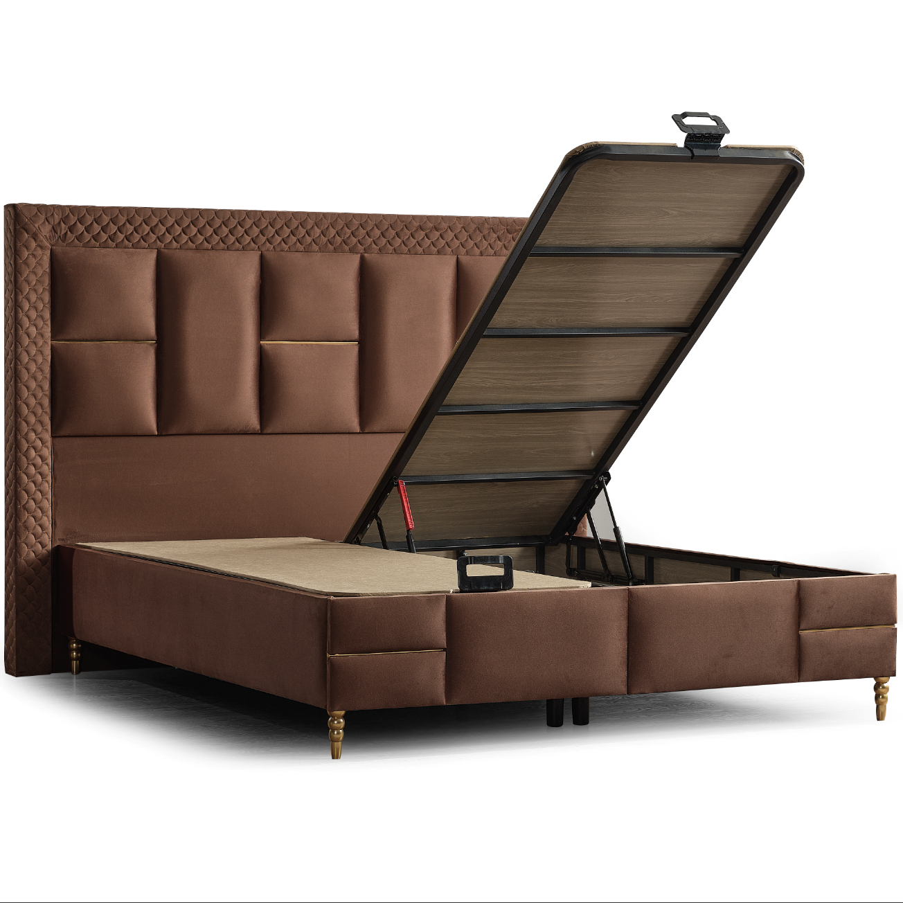 Pat tapițat cu saltea inclusă, ladă depozitare, somieră rabatabilă, catifea – Model Boxspring Western