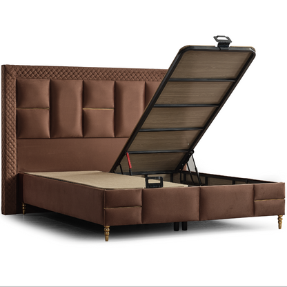 Pat tapițat cu saltea inclusă, ladă depozitare, somieră rabatabilă, catifea – Model Boxspring Western