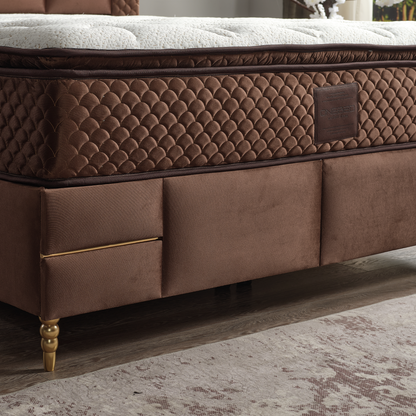 Pat tapițat cu saltea inclusă, ladă depozitare, somieră rabatabilă, catifea – Model Boxspring Western