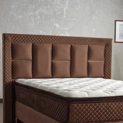 Pat tapițat cu saltea inclusă, ladă depozitare, somieră rabatabilă, catifea – Model Boxspring Western
