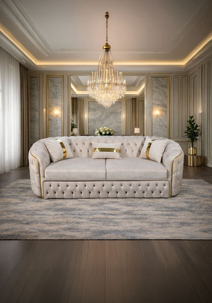 Lugano velvet upholstered extendable sofa by IMPACT MOB in a stylish living room setting.