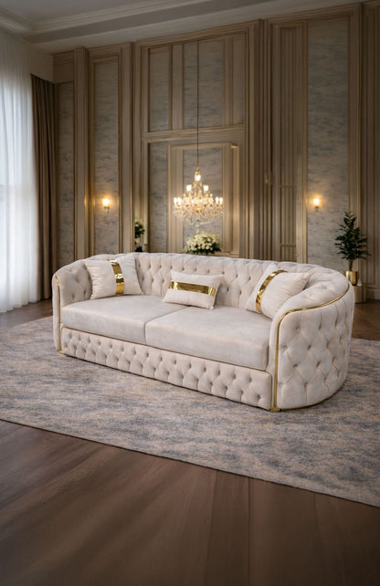 Lugano extensible sofa in plush velvet upholstery by IMPACT MOB, showcasing a stylish and comfortable design.