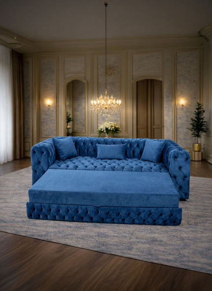 California extendable velvet sofa by IMPACT MOB, showcasing plush fabric, modern design, and expandable seating in a stylish living room setting.