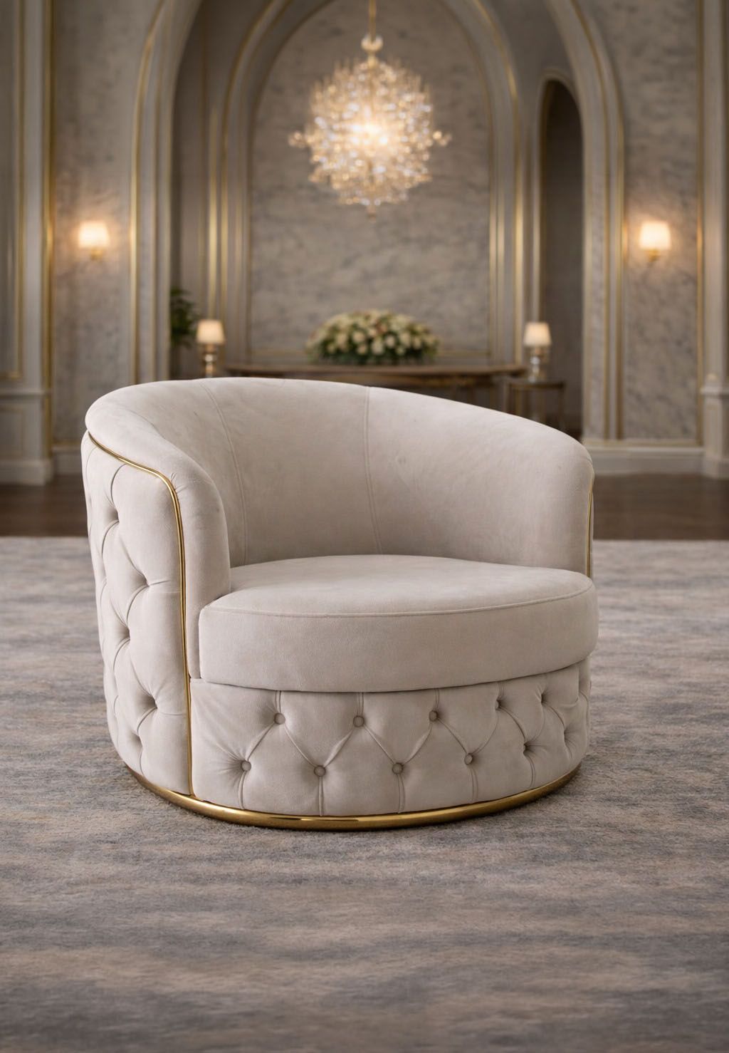 Lugano velvet upholstered armchair by IMPACT MOB in a stylish interior setting with soft lighting.