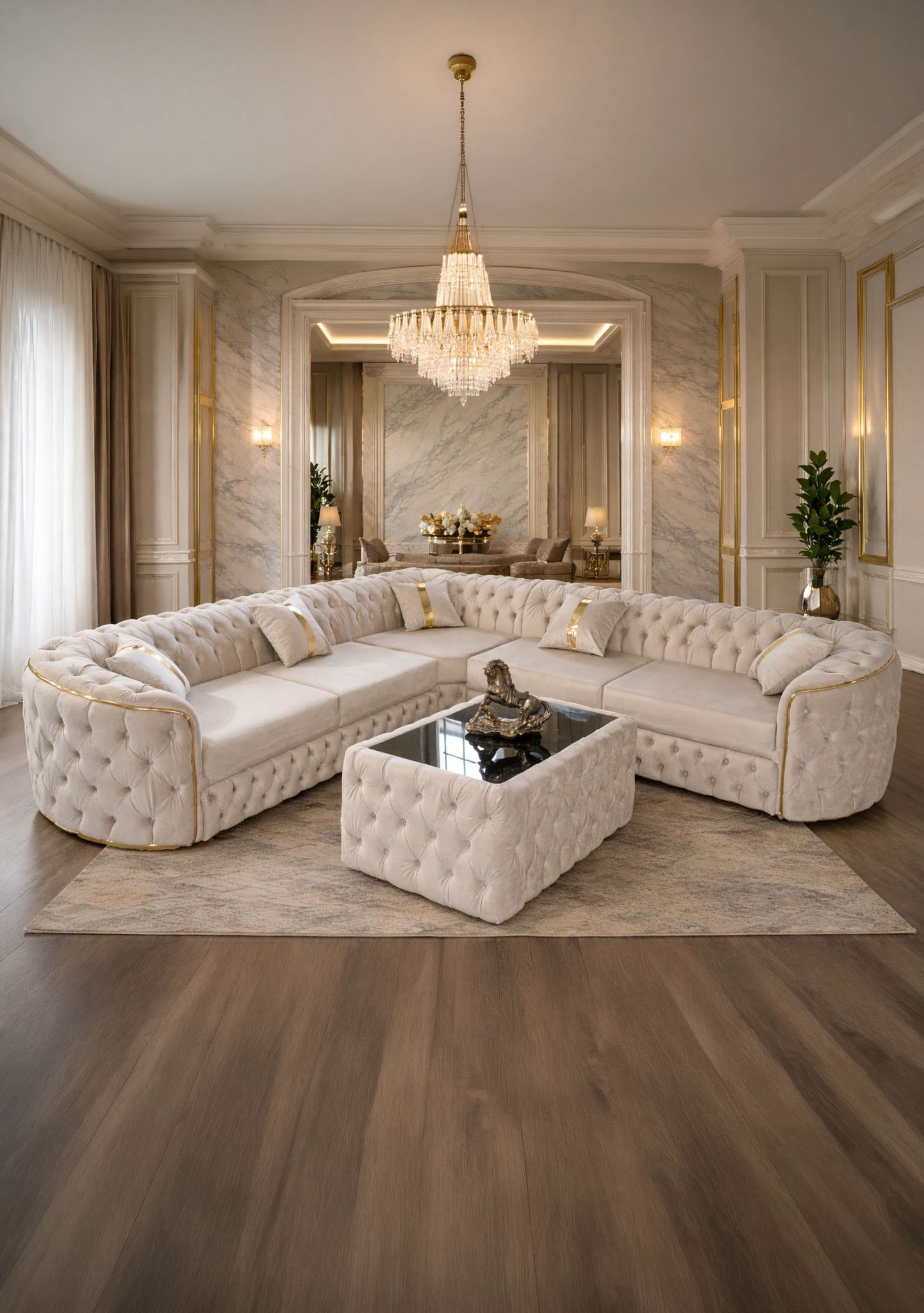 Lugano 270x270 cm upholstered velvet corner sofa by IMPACT MOB in a cozy living room setting.